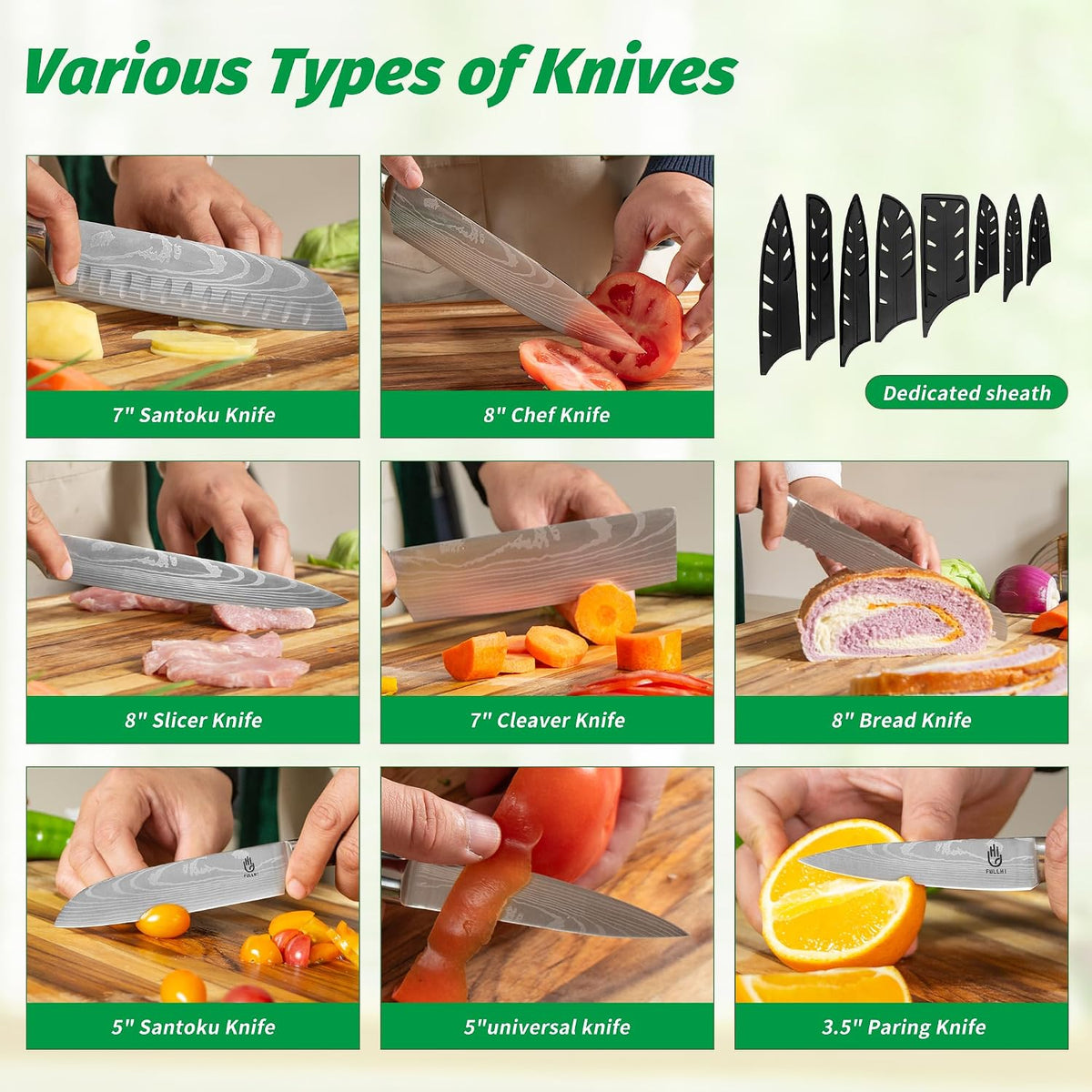 FULLHI Knife Set, 14pcs Japanese Knives Set, Multiple Colour Premium German Stainless Steel Chef Knife Set
