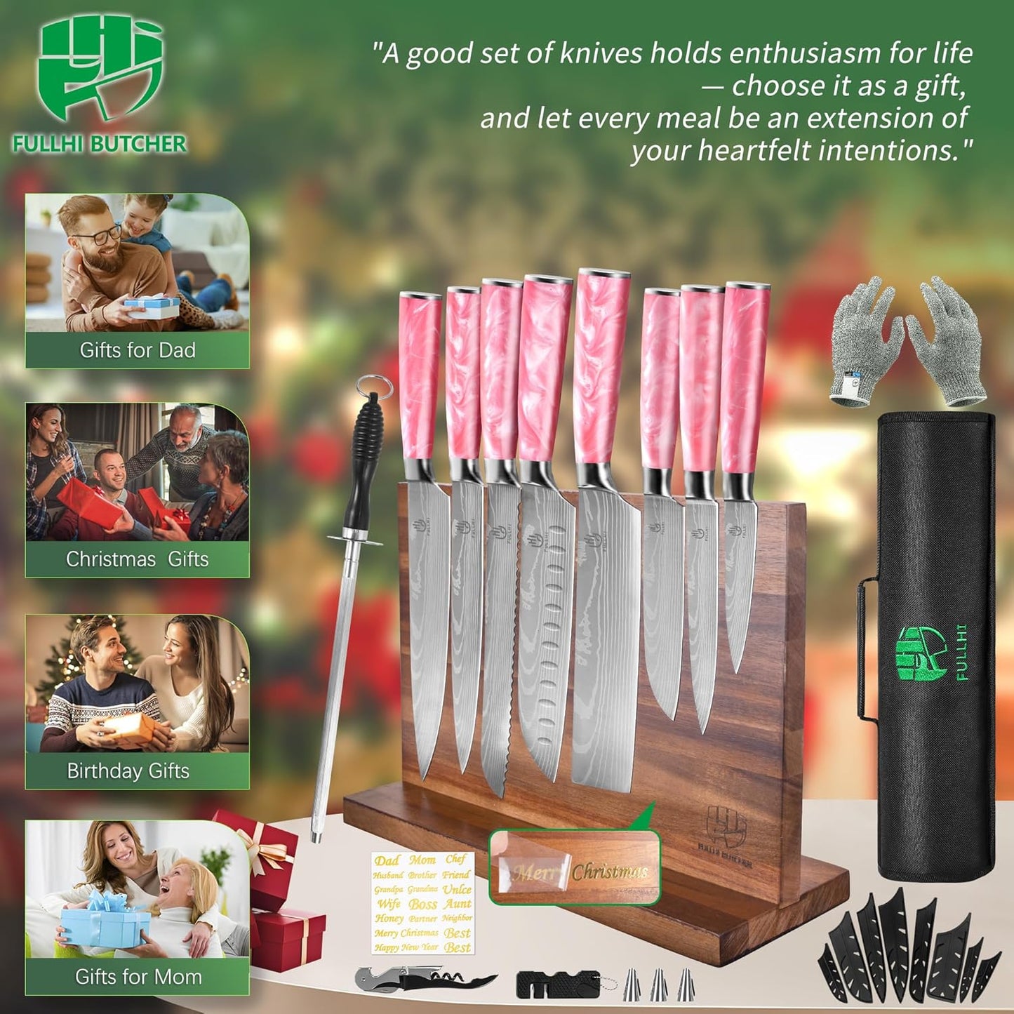 FULLHI Knife Set, 14pcs Japanese Knives Set, Multiple Colour Premium German Stainless Steel Chef Knife Set
