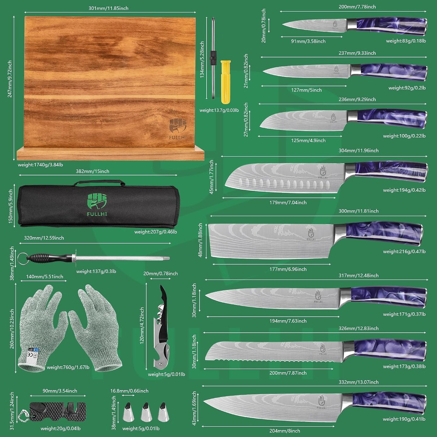 FULLHI Knife Set, 14pcs Japanese Knives Set, Multiple Colour Premium German Stainless Steel Chef Knife Set
