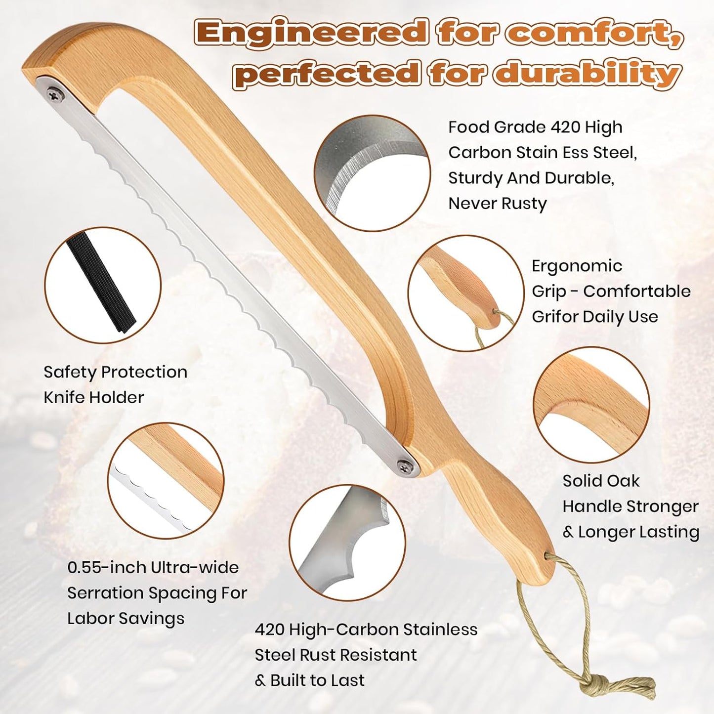 Sourdough Bread Knife Bow – Serrated Bread Slicer Knife for Homemade & Artisan Bread, Stainless Steel Blade, Wooden Handle Bread Cutter for Even Slicing Loaves