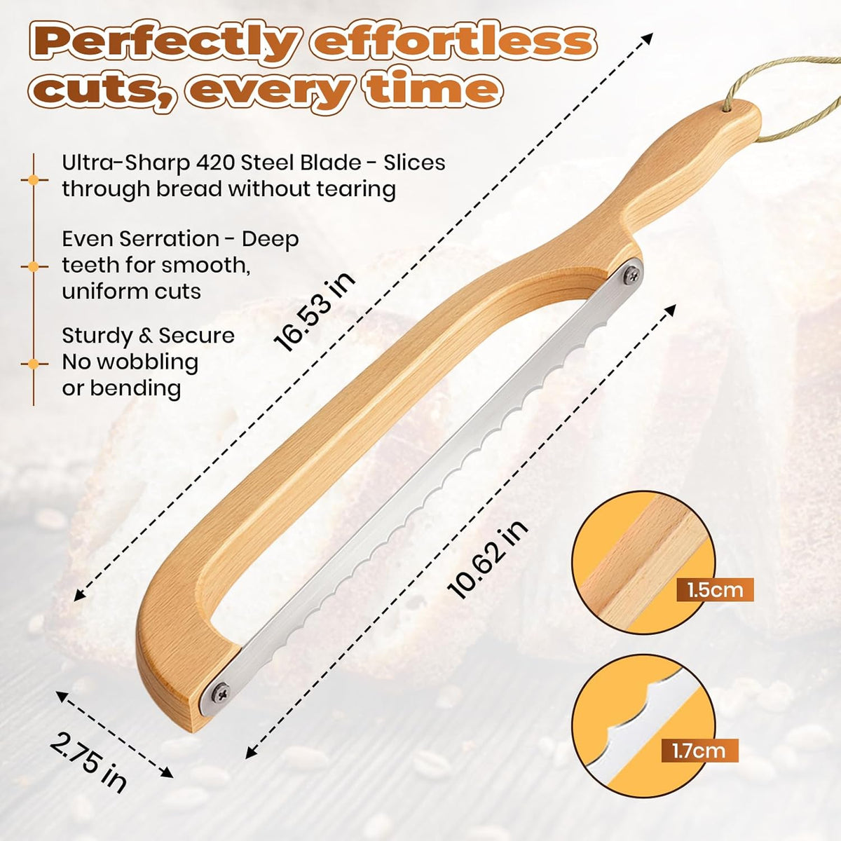 Sourdough Bread Knife Bow – Serrated Bread Slicer Knife for Homemade & Artisan Bread, Stainless Steel Blade, Wooden Handle Bread Cutter for Even Slicing Loaves