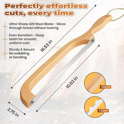 Sourdough Bread Knife Bow – Serrated Bread Slicer Knife for Homemade & Artisan Bread, Stainless Steel Blade, Wooden Handle Bread Cutter for Even Slicing Loaves