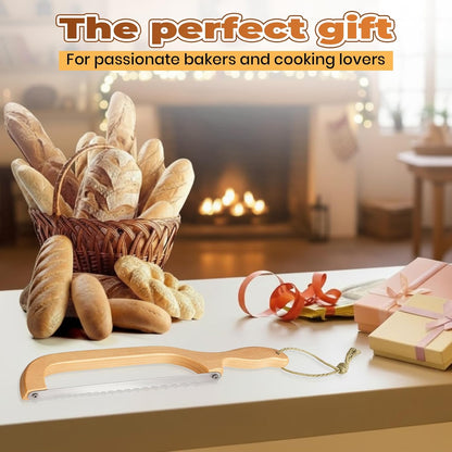 Sourdough Bread Knife Bow – Serrated Bread Slicer Knife for Homemade & Artisan Bread, Stainless Steel Blade, Wooden Handle Bread Cutter for Even Slicing Loaves