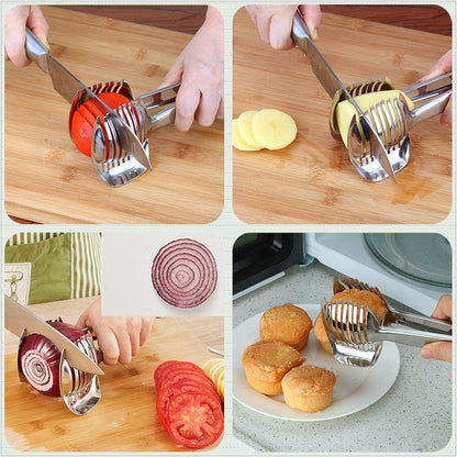 Tomato Slicer Lemon Cutter Multipurpose Handheld Round Fruit Tongs Stainless Steel Onion Holder Easy Slicing Kiwi Fruits & Vegetable Tools Kitchen Cutting Aid Gadgets Tool
