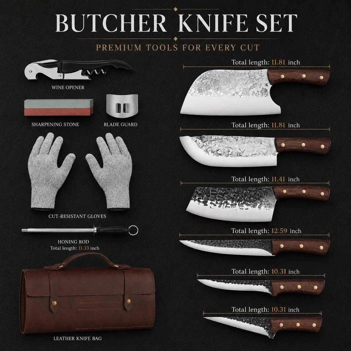12-Piece Butcher Knife Set, Roll Bag