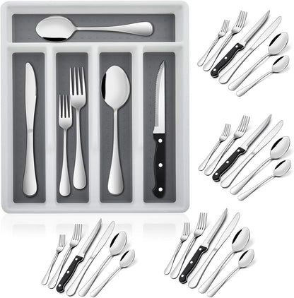 24-Piece Silverware Set with Organizer Tray and Steak Knives, Stainless Steel Flatware Cutlery Service for 4, Basic Tableware Eating Utensils for Home Kitchen, Mirror Polished, Dishwasher Safe