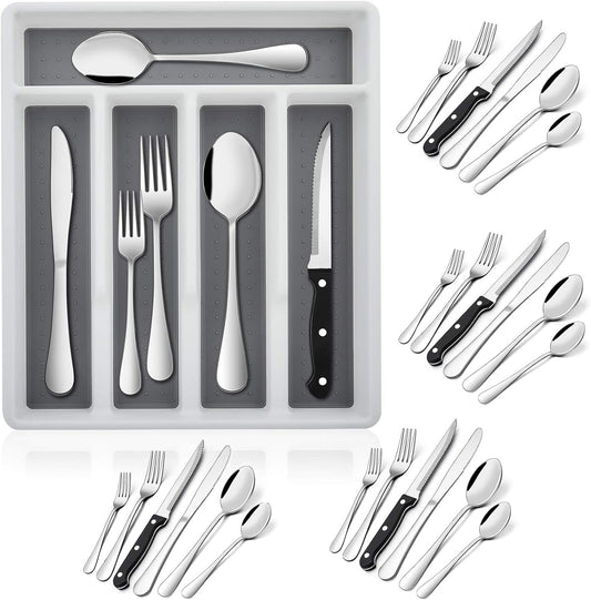 24-Piece Silverware Set with Organizer Tray and Steak Knives, Stainless Steel Flatware Cutlery Service for 4, Basic Tableware Eating Utensils for Home Kitchen, Mirror Polished, Dishwasher Safe