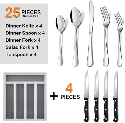 24-Piece Silverware Set with Organizer Tray and Steak Knives, Stainless Steel Flatware Cutlery Service for 4, Basic Tableware Eating Utensils for Home Kitchen, Mirror Polished, Dishwasher Safe