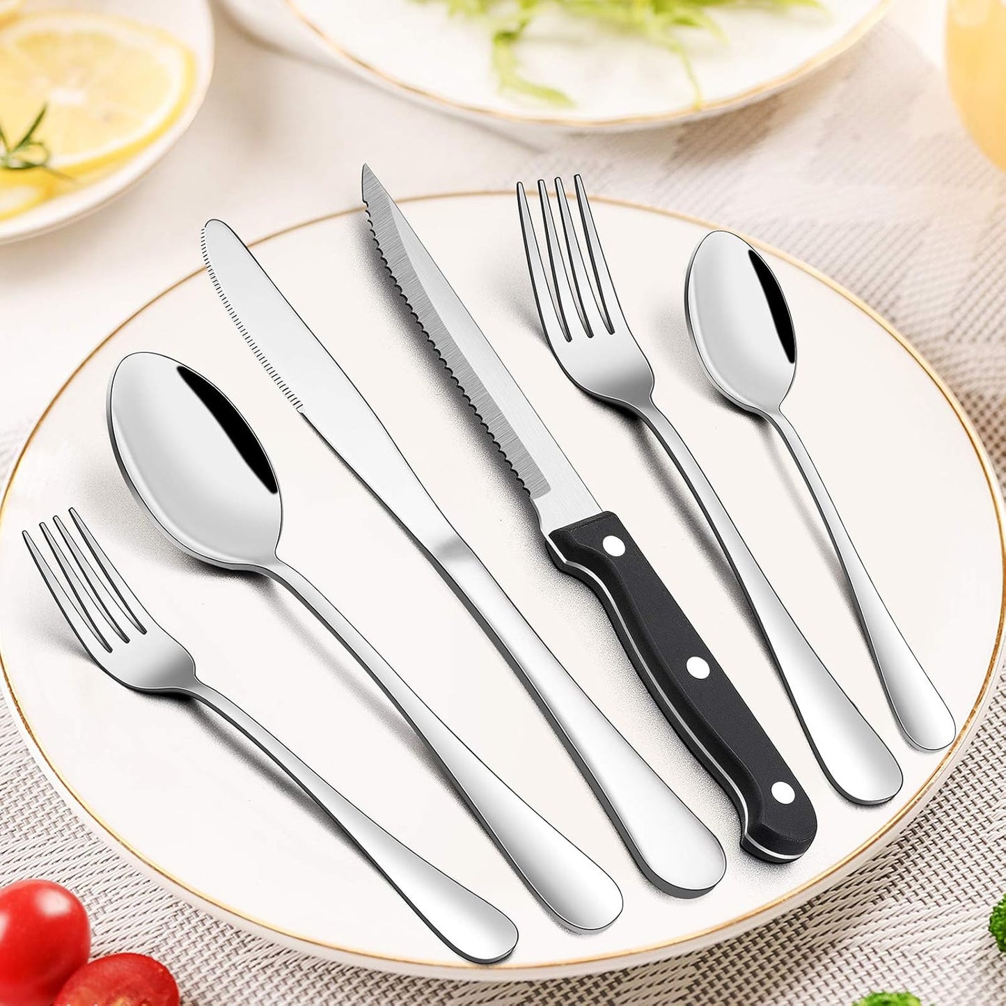 24-Piece Silverware Set with Organizer Tray and Steak Knives, Stainless Steel Flatware Cutlery Service for 4, Basic Tableware Eating Utensils for Home Kitchen, Mirror Polished, Dishwasher Safe