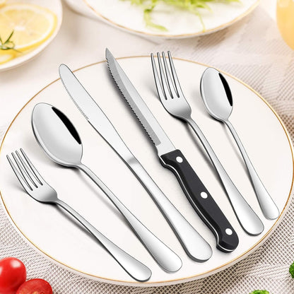 24-Piece Silverware Set with Organizer Tray and Steak Knives, Stainless Steel Flatware Cutlery Service for 4, Basic Tableware Eating Utensils for Home Kitchen, Mirror Polished, Dishwasher Safe