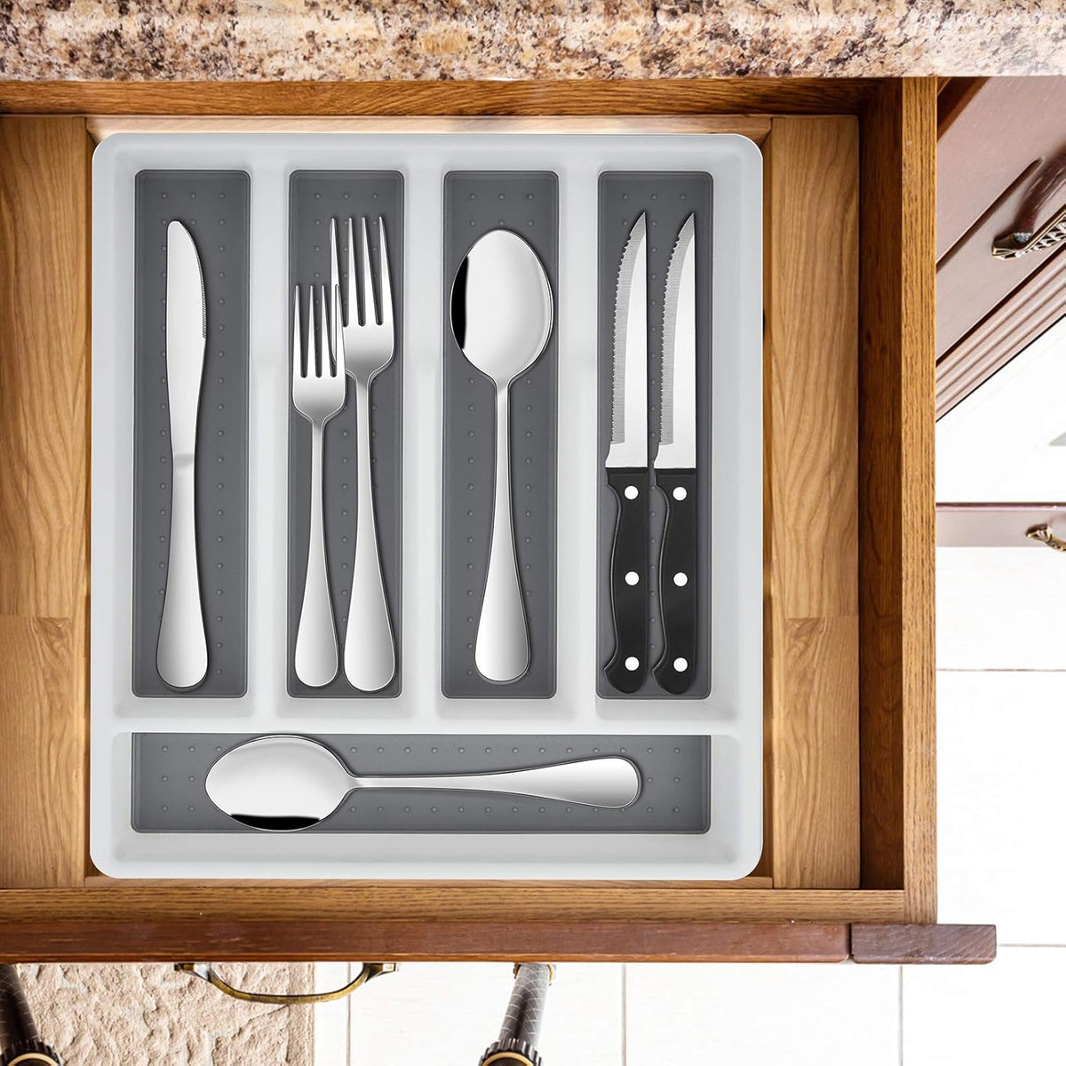 24-Piece Silverware Set with Organizer Tray and Steak Knives, Stainless Steel Flatware Cutlery Service for 4, Basic Tableware Eating Utensils for Home Kitchen, Mirror Polished, Dishwasher Safe