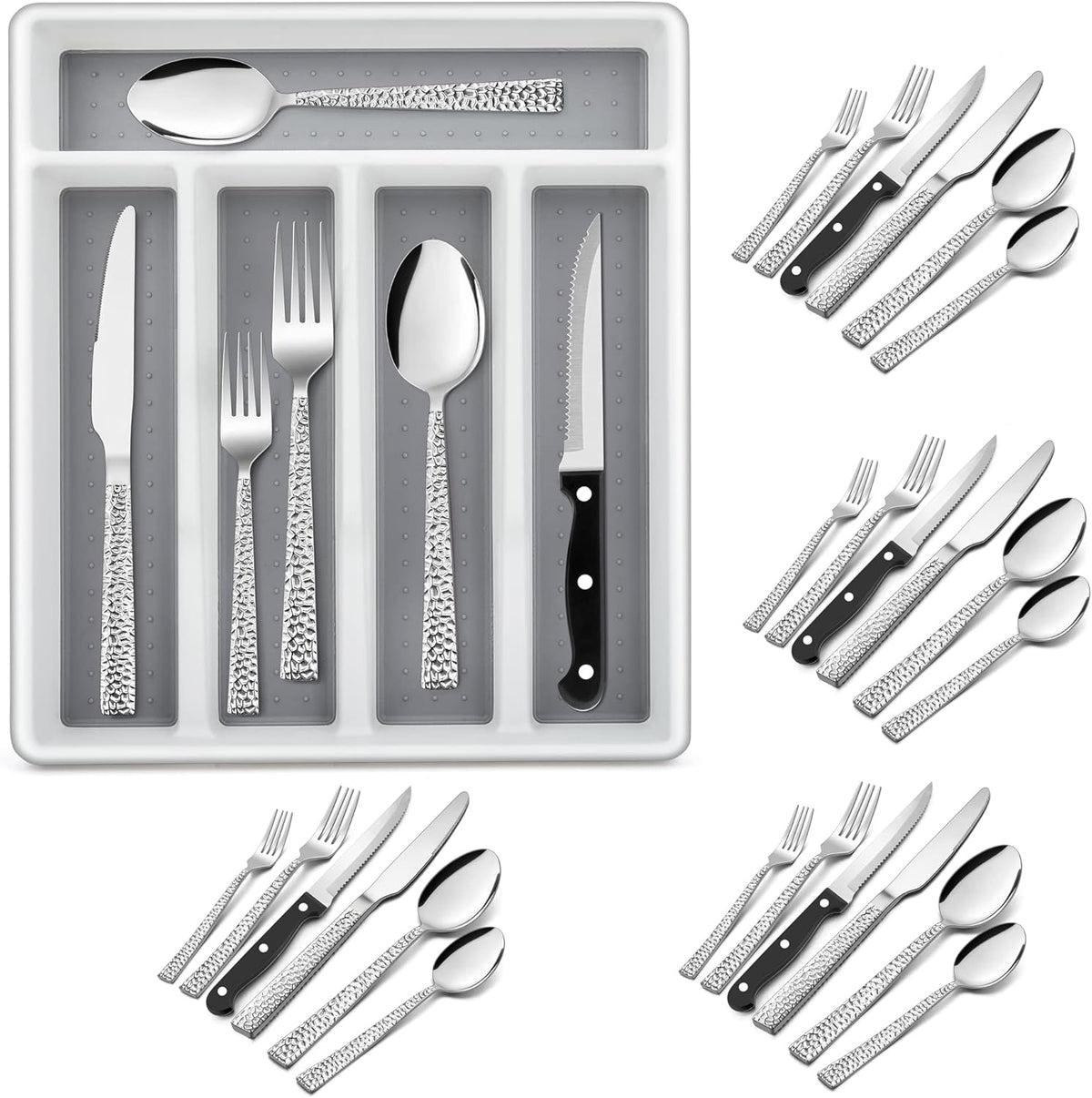 24-Piece Silverware Set with Organizer Tray and Steak Knives, Stainless Steel Flatware Cutlery Service for 4, Basic Tableware Eating Utensils for Home Kitchen, Mirror Polished, Dishwasher Safe