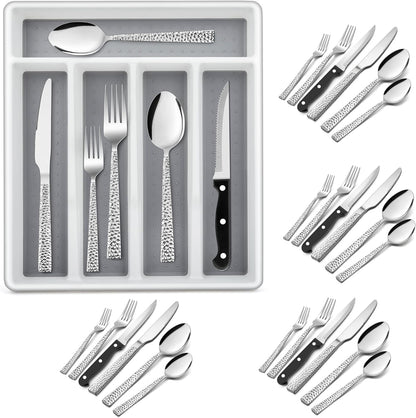 24-Piece Silverware Set with Organizer Tray and Steak Knives, Stainless Steel Flatware Cutlery Service for 4, Basic Tableware Eating Utensils for Home Kitchen, Mirror Polished, Dishwasher Safe