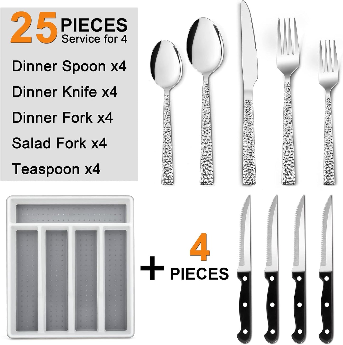 24-Piece Silverware Set with Organizer Tray and Steak Knives, Stainless Steel Flatware Cutlery Service for 4, Basic Tableware Eating Utensils for Home Kitchen, Mirror Polished, Dishwasher Safe