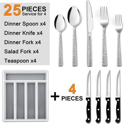 24-Piece Silverware Set with Organizer Tray and Steak Knives, Stainless Steel Flatware Cutlery Service for 4, Basic Tableware Eating Utensils for Home Kitchen, Mirror Polished, Dishwasher Safe