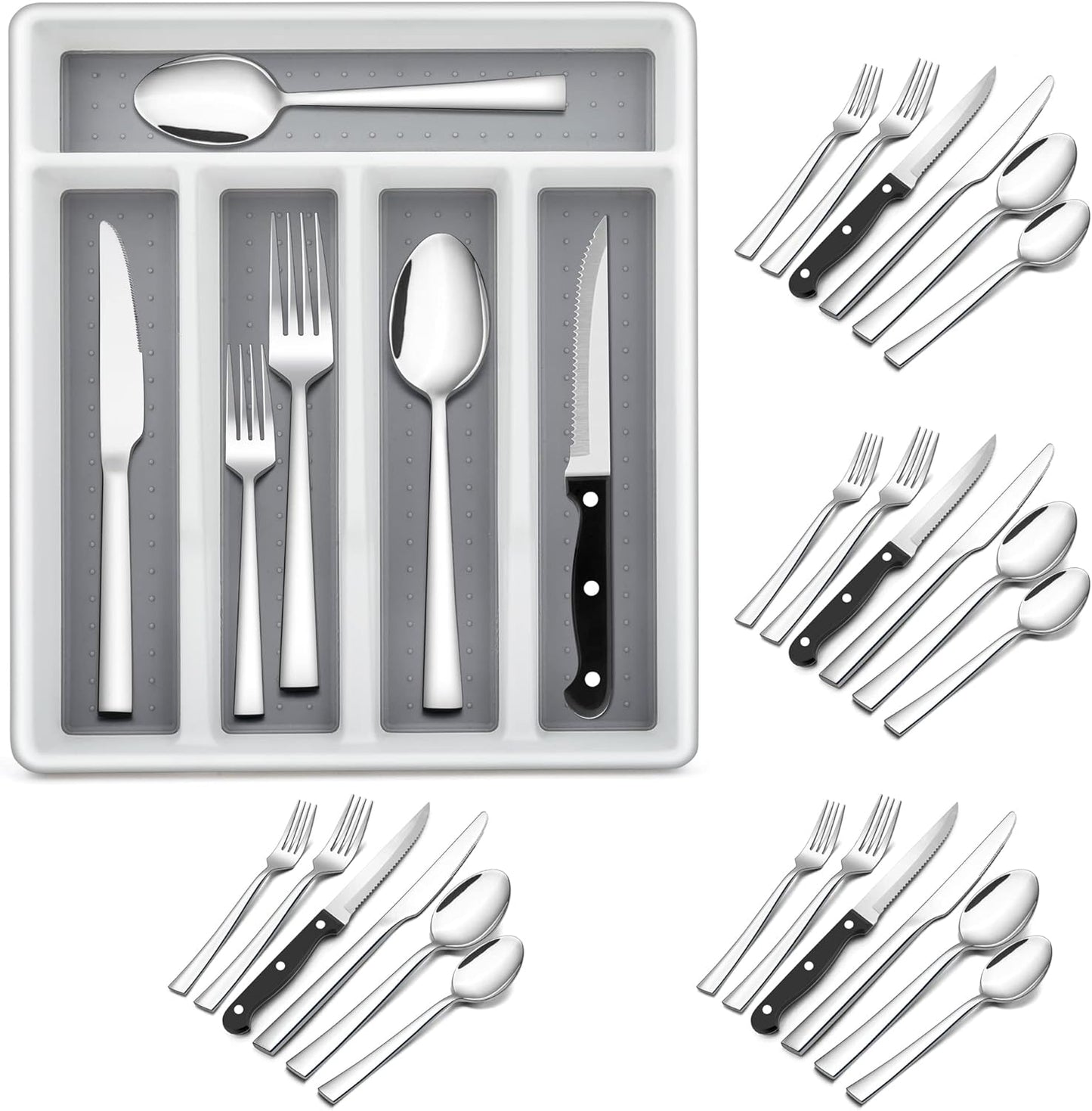 24-Piece Silverware Set with Organizer Tray and Steak Knives, Stainless Steel Flatware Cutlery Service for 4, Basic Tableware Eating Utensils for Home Kitchen, Mirror Polished, Dishwasher Safe