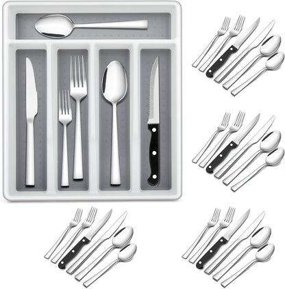 24-Piece Silverware Set with Organizer Tray and Steak Knives, Stainless Steel Flatware Cutlery Service for 4, Basic Tableware Eating Utensils for Home Kitchen, Mirror Polished, Dishwasher Safe