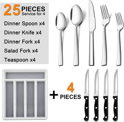 24-Piece Silverware Set with Organizer Tray and Steak Knives, Stainless Steel Flatware Cutlery Service for 4, Basic Tableware Eating Utensils for Home Kitchen, Mirror Polished, Dishwasher Safe