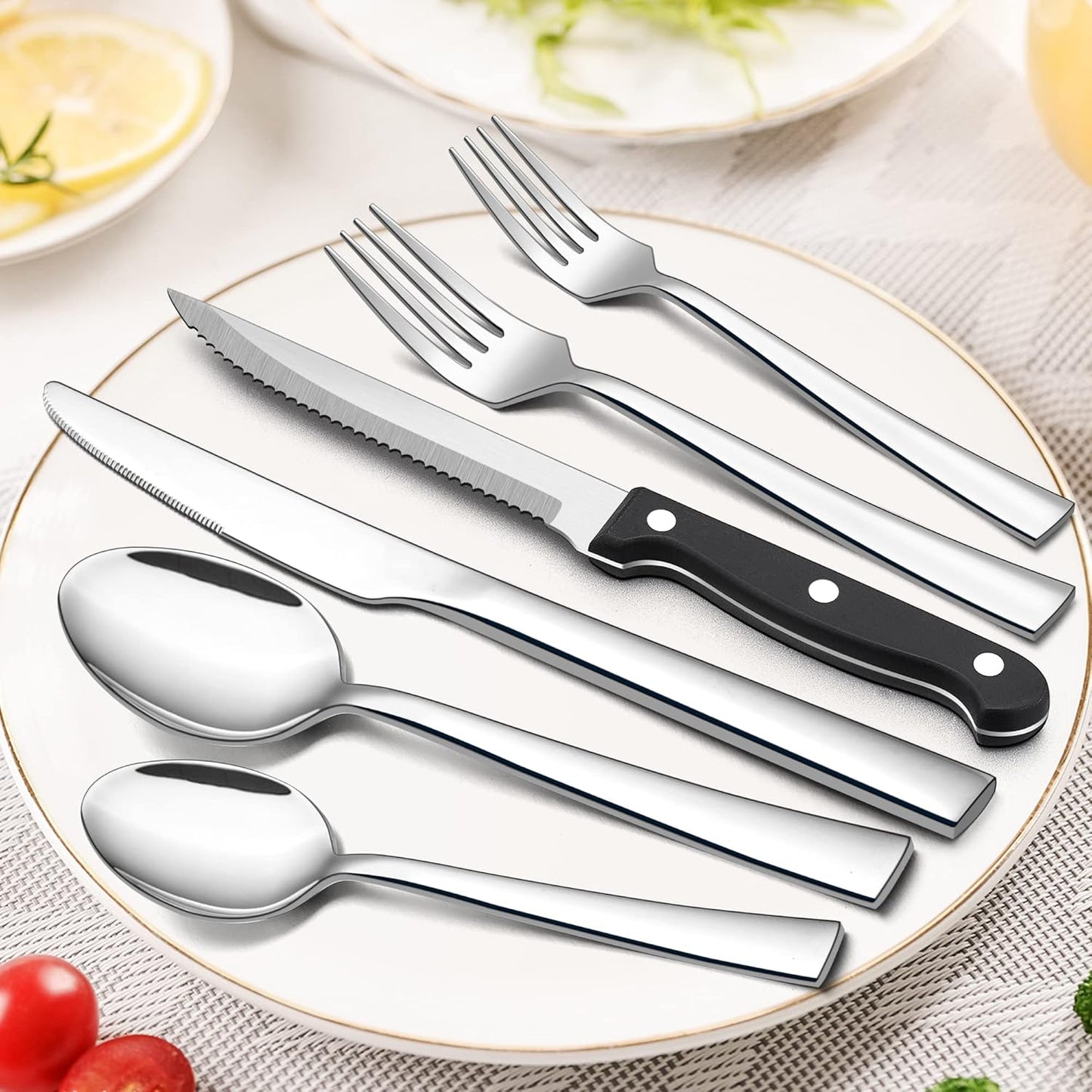 24-Piece Silverware Set with Organizer Tray and Steak Knives, Stainless Steel Flatware Cutlery Service for 4, Basic Tableware Eating Utensils for Home Kitchen, Mirror Polished, Dishwasher Safe
