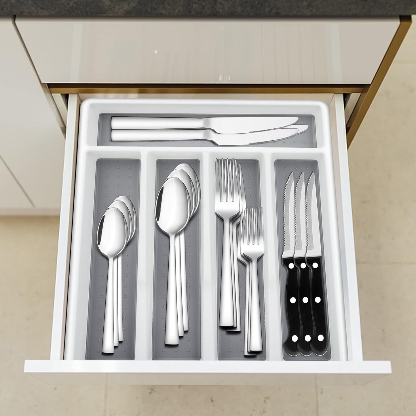 24-Piece Silverware Set with Organizer Tray and Steak Knives, Stainless Steel Flatware Cutlery Service for 4, Basic Tableware Eating Utensils for Home Kitchen, Mirror Polished, Dishwasher Safe