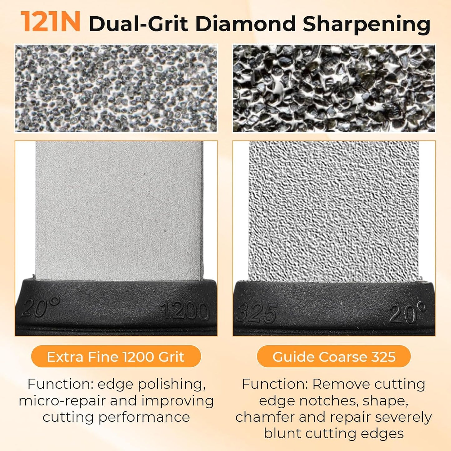 Diamond Sharpening 121n Dual-grit Knife Sharpener Stone Tool Lawn Mower Blade Sharpener File Garden Tool 325/1200 Grit Handheld Double with Angle Guide for Kitchen Axe Machete Chisel Drill