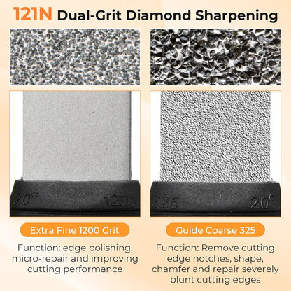 Diamond Sharpening 121n Dual-grit Knife Sharpener Stone Tool Lawn Mower Blade Sharpener File Garden Tool 325/1200 Grit Handheld Double with Angle Guide for Kitchen Axe Machete Chisel Drill