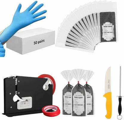 Meat Packaging Kit, 500 Wild Game Bags (1.5 Lb), Steel Tape Sealer, 2 Rolls Sealing Tape, 50 Puncture-resistant Gloves, Sharpening Steel Boning Knife for Cooks Butchers Hunters Home Use