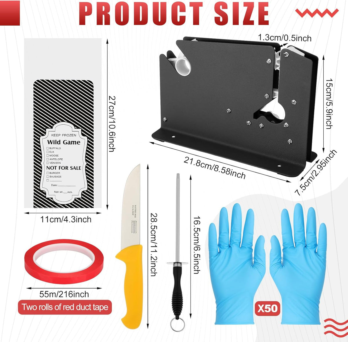 Meat Packaging Kit, 500 Wild Game Bags (1.5 Lb), Steel Tape Sealer, 2 Rolls Sealing Tape, 50 Puncture-resistant Gloves, Sharpening Steel Boning Knife for Cooks Butchers Hunters Home Use
