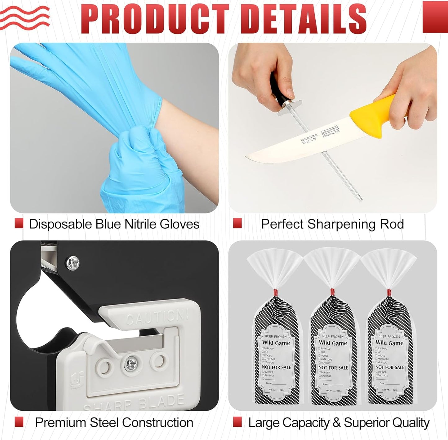 Meat Packaging Kit, 500 Wild Game Bags (1.5 Lb), Steel Tape Sealer, 2 Rolls Sealing Tape, 50 Puncture-resistant Gloves, Sharpening Steel Boning Knife for Cooks Butchers Hunters Home Use