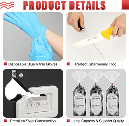 Meat Packaging Kit, 500 Wild Game Bags (1.5 Lb), Steel Tape Sealer, 2 Rolls Sealing Tape, 50 Puncture-resistant Gloves, Sharpening Steel Boning Knife for Cooks Butchers Hunters Home Use