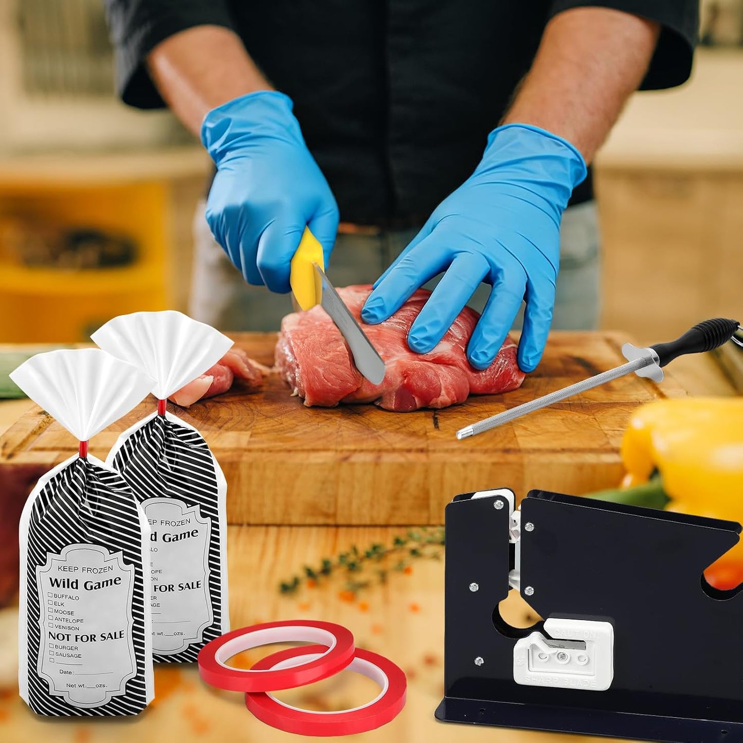 Meat Packaging Kit, 500 Wild Game Bags (1.5 Lb), Steel Tape Sealer, 2 Rolls Sealing Tape, 50 Puncture-resistant Gloves, Sharpening Steel Boning Knife for Cooks Butchers Hunters Home Use