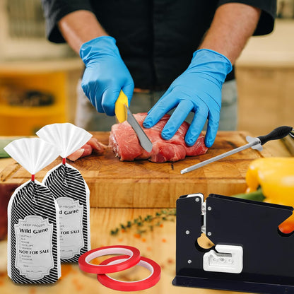 Meat Packaging Kit, 500 Wild Game Bags (1.5 Lb), Steel Tape Sealer, 2 Rolls Sealing Tape, 50 Puncture-resistant Gloves, Sharpening Steel Boning Knife for Cooks Butchers Hunters Home Use