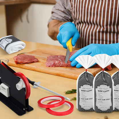 Meat Packaging Kit, 500 Wild Game Bags (1.5 Lb), Steel Tape Sealer, 2 Rolls Sealing Tape, 50 Puncture-resistant Gloves, Sharpening Steel Boning Knife for Cooks Butchers Hunters Home Use