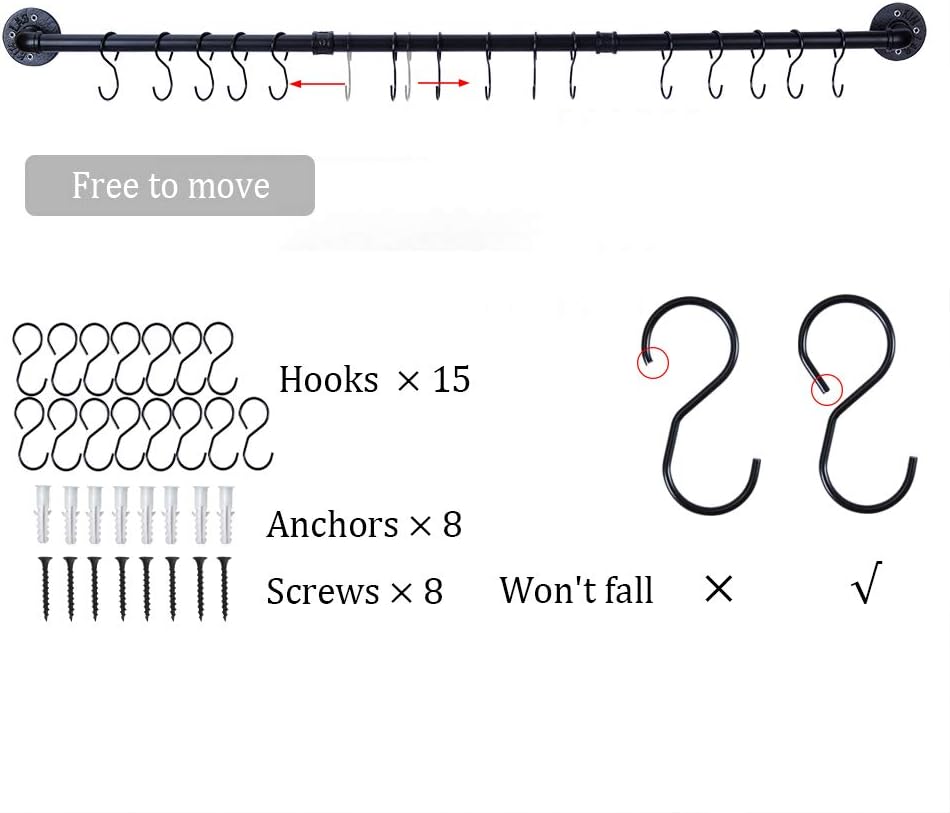 50.4 inch Hanging Pot Rack Wall Mounted Pot Pans Hanging Rail, Industrial Long Pot Pan Bar With 15 S Hooks, Black Pot Hangers Kitchen Pot and Pan Hanging Rack