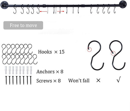 50.4 inch Hanging Pot Rack Wall Mounted Pot Pans Hanging Rail, Industrial Long Pot Pan Bar With 15 S Hooks, Black Pot Hangers Kitchen Pot and Pan Hanging Rack