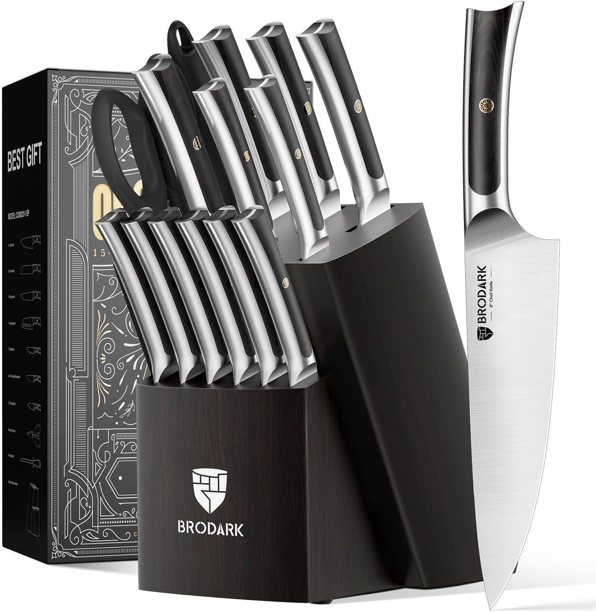 15 PCS Knife Set with Block,Pakkawood Handle Kitchen Knife Set | Ultra Sharp Chef Knife set with sharpener, High Carbon Stainless Steel, Non-Slip Grip for Cooking, Gift Box for Dad Father