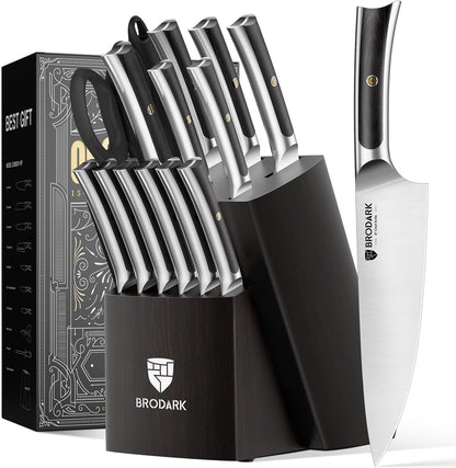 15 PCS Knife Set with Block,Pakkawood Handle Kitchen Knife Set | Ultra Sharp Chef Knife set with sharpener, High Carbon Stainless Steel, Non-Slip Grip for Cooking, Gift Box for Dad Father