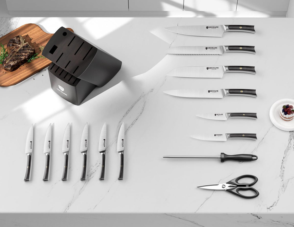15 PCS Knife Set with Block,Pakkawood Handle Kitchen Knife Set | Ultra Sharp Chef Knife set with sharpener, High Carbon Stainless Steel, Non-Slip Grip for Cooking, Gift Box for Dad Father