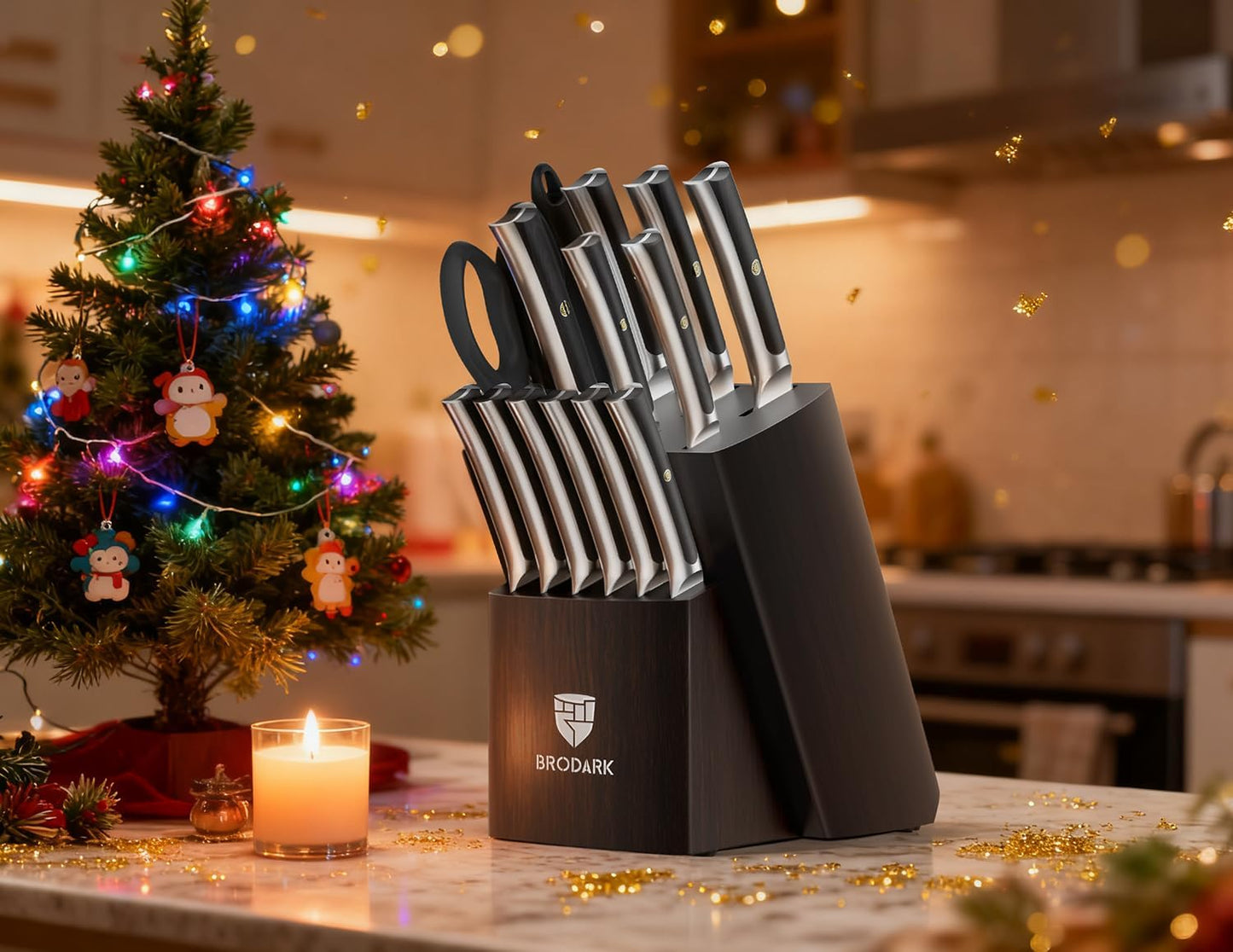 15 PCS Knife Set with Block,Pakkawood Handle Kitchen Knife Set | Ultra Sharp Chef Knife set with sharpener, High Carbon Stainless Steel, Non-Slip Grip for Cooking, Gift Box for Dad Father