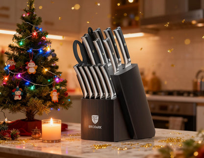 15 PCS Knife Set with Block,Pakkawood Handle Kitchen Knife Set | Ultra Sharp Chef Knife set with sharpener, High Carbon Stainless Steel, Non-Slip Grip for Cooking, Gift Box for Dad Father
