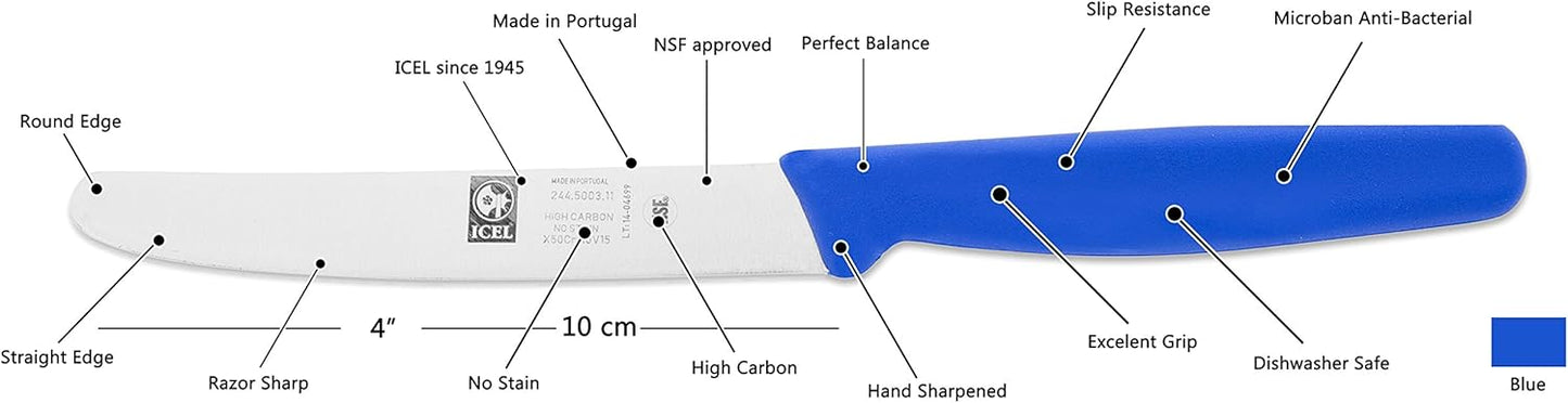 4.25 Inch Straight Edge Round Tip Paring Knife, High Carbon German Stainless Steel Blade, Factory-Sharp Edge, Non-Slip Textured Blue Polypropylene Handle