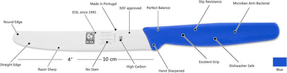 4.25 Inch Straight Edge Round Tip Paring Knife, High Carbon German Stainless Steel Blade, Factory-Sharp Edge, Non-Slip Textured Blue Polypropylene Handle