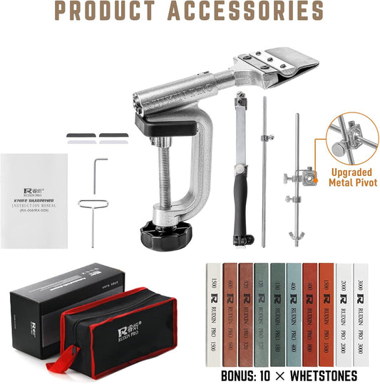 Upgraded RUIXIN PRO RX-008 Professional Knife Sharpener with 10 Whetstones, 360° Rotation Flip Design Fixed-Angle Stainless Steel Kitchen Chef Knife Sharpening Kit Abrasive Holding System Tools