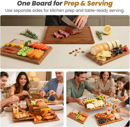 Bamboo Cutting Board Set with Stand, 3PCS Double-Sided Chopping Boards for Kitchen Meal Prep & Serving, Charcuterie, Juice Grooves & Side Handle, Ideal for Meat, Vegetables, Kitchen Essentials, Brown