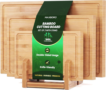 Bamboo Cutting Board Set with Stand, 3PCS Double-Sided Chopping Boards for Kitchen Meal Prep & Serving, Charcuterie, Juice Grooves & Side Handle, Ideal for Meat, Vegetables, Kitchen Essentials, Brown