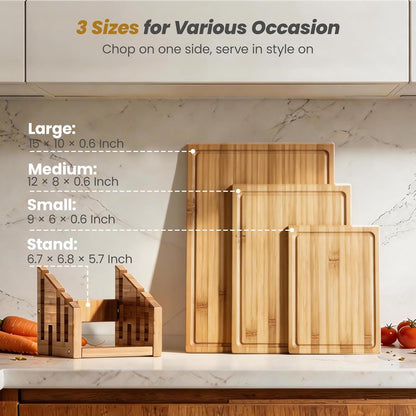Bamboo Cutting Board Set with Stand, 3PCS Double-Sided Chopping Boards for Kitchen Meal Prep & Serving, Charcuterie, Juice Grooves & Side Handle, Ideal for Meat, Vegetables, Kitchen Essentials, Brown