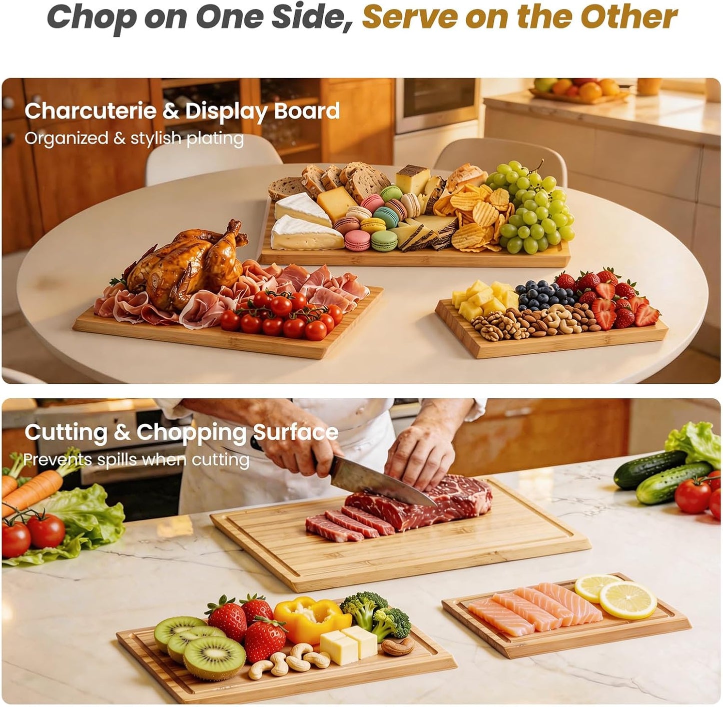 Bamboo Cutting Board Set with Stand, 3PCS Double-Sided Chopping Boards for Kitchen Meal Prep & Serving, Charcuterie, Juice Grooves & Side Handle, Ideal for Meat, Vegetables, Kitchen Essentials, Brown