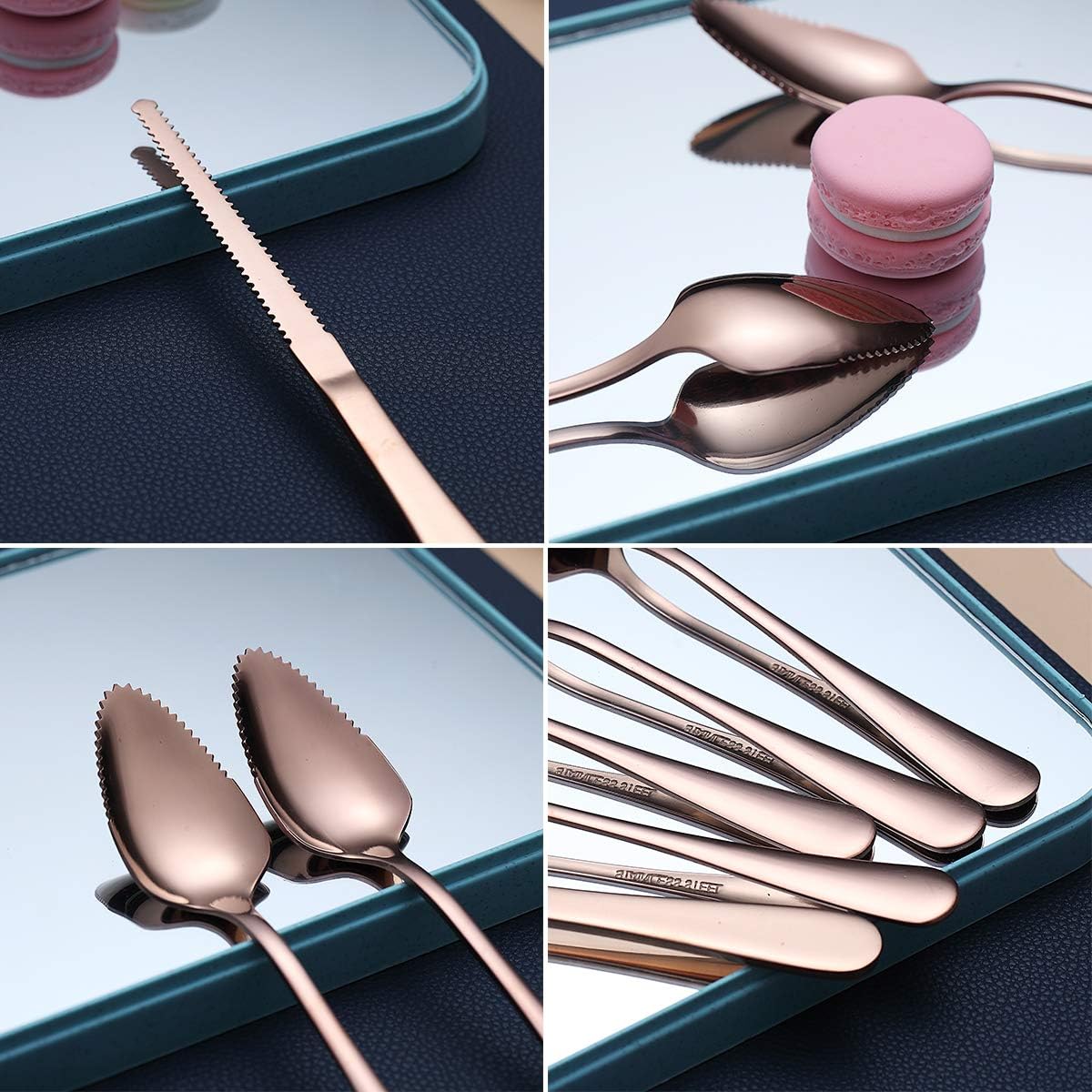 Rose Gold Grapefruit Spoons 3 Pieces Set, 2 Stainless Steel Grapefruit Spoon And 1 Grapefruit knife With Titanium Plating, Grapefruit Utensil Set, Serrated Edges Spoon pack of 3