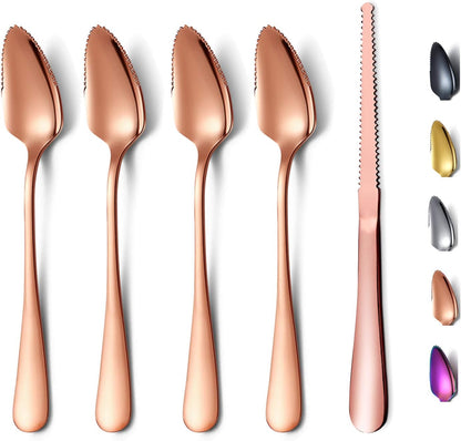 Rose Gold Grapefruit Spoons 3 Pieces Set, 2 Stainless Steel Grapefruit Spoon And 1 Grapefruit knife With Titanium Plating, Grapefruit Utensil Set, Serrated Edges Spoon pack of 3