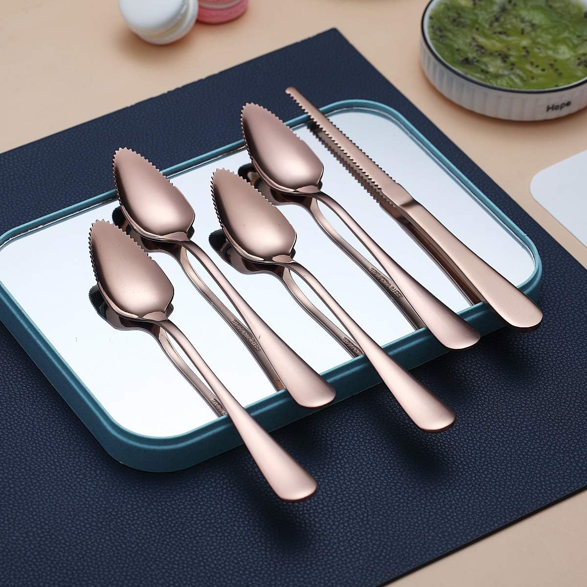 Rose Gold Grapefruit Spoons 3 Pieces Set, 2 Stainless Steel Grapefruit Spoon And 1 Grapefruit knife With Titanium Plating, Grapefruit Utensil Set, Serrated Edges Spoon pack of 3